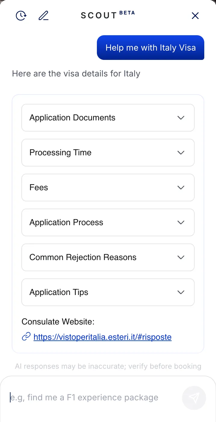 Visa Guidance screen